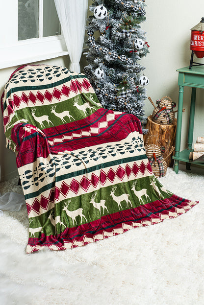 Red Christmas Elk Print Fleece Throw Blanket