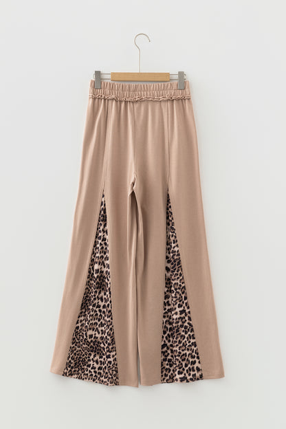 Straw Yellow Mineral Wash Leopard Patchwork Wide Leg Pants - Cowaa