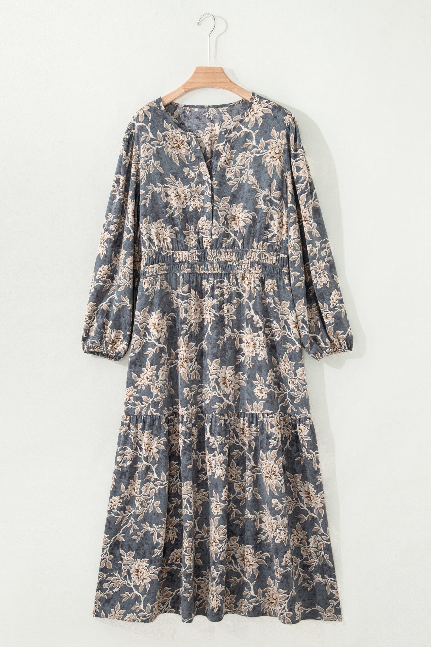 Sky Blue Plus Size Floral Print Split Neck Shirred High Waist Long Sleeve Maxi Dress - Cowaa