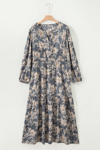 Sky Blue Plus Size Floral Print Split Neck Shirred High Waist Long Sleeve Maxi Dress - Cowaa