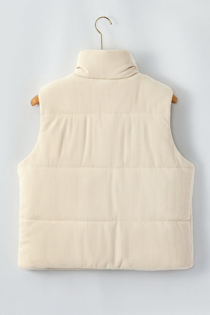 Beige Corduroy Stand Neck Zipped Puffer Vest