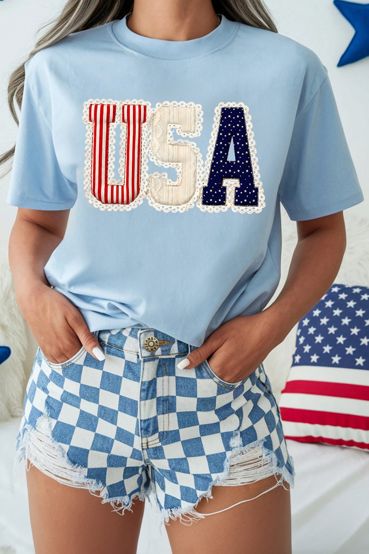 Light Blue USA Patriotic Printed T Shirt - Cowaa