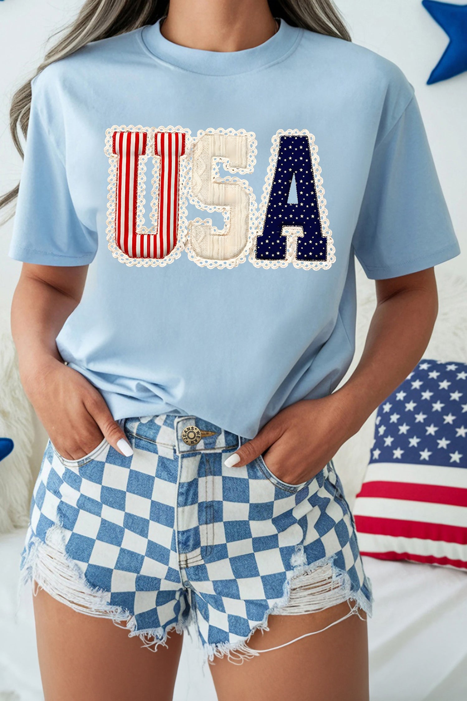 Light Blue USA Patriotic Printed T Shirt - Cowaa