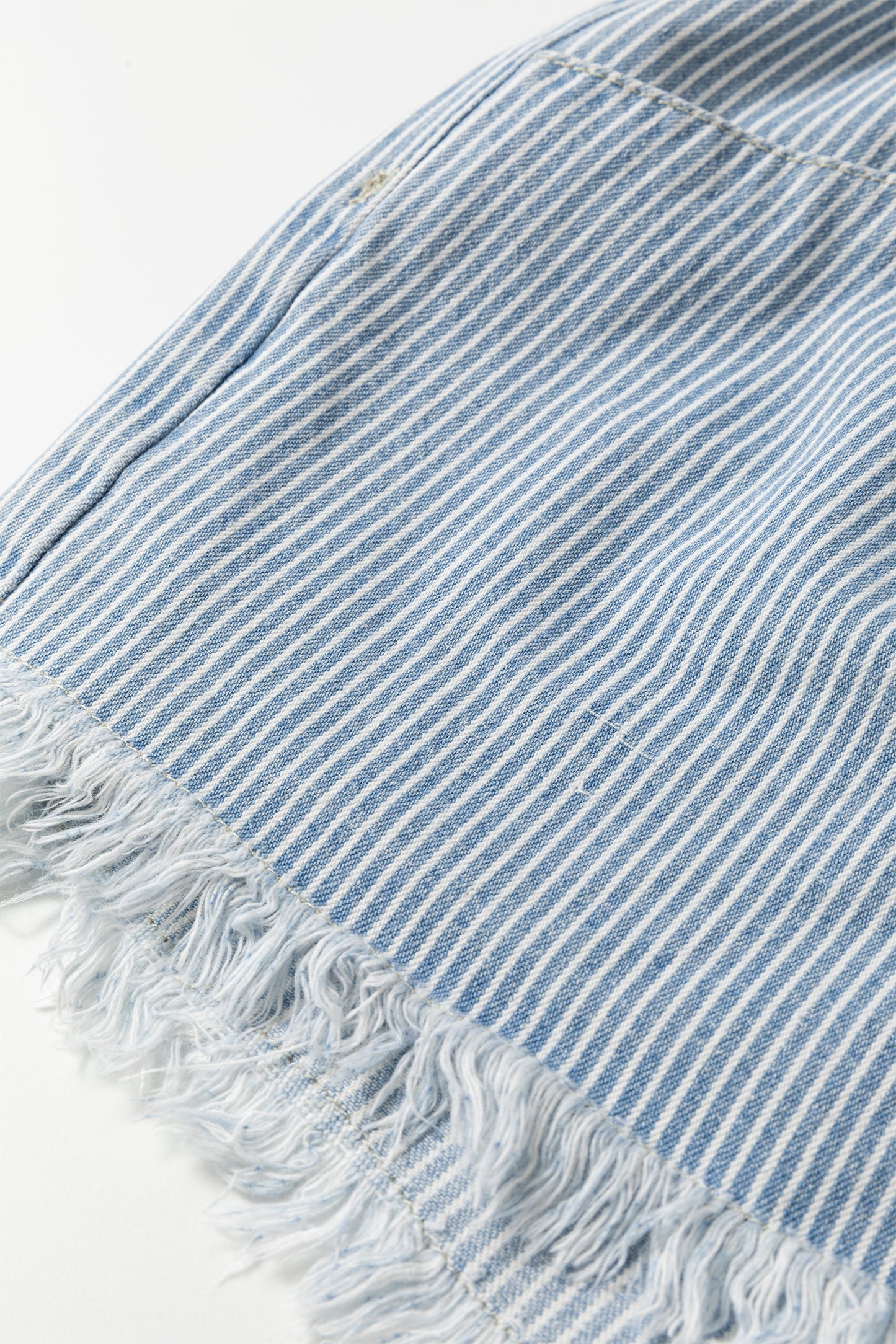 Sky Blue Stripe Raw Edge Drawstring Elastic Waist Casual Denim Shorts - Cowaa