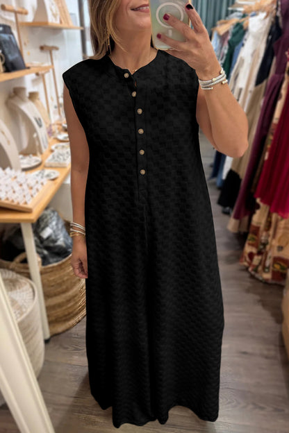 Black Half Buttons Sleeveless Wide Leg Textured Jumpsuit - Cowaa