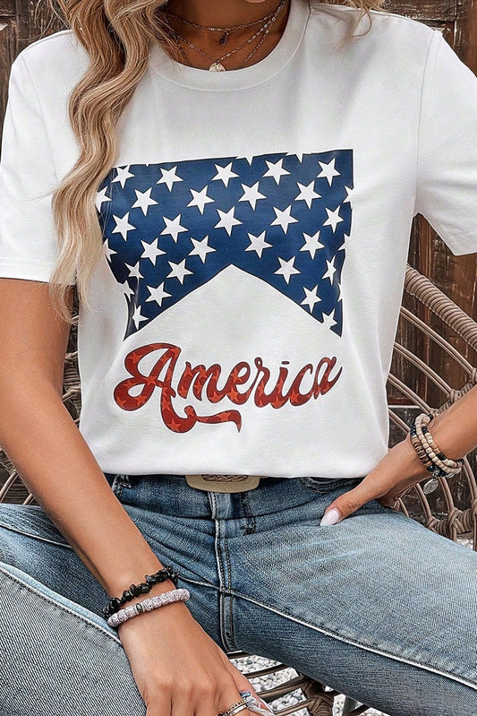 White Casual America Stars Graphic Crew Neck T Shirt - Cowaa