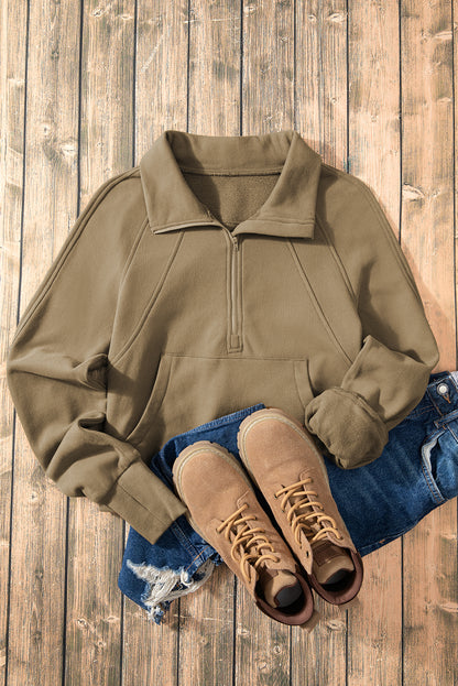 Brown Zip Up Stand Collar Thumbhole Sleeve Sweatshirt - Cowaa