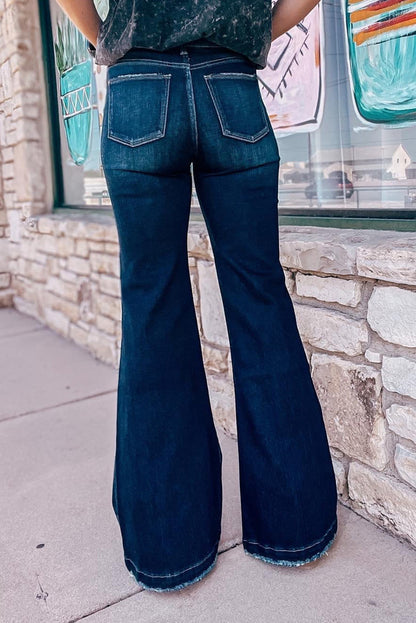 Real Teal High Rise Ripped Bell Bottom Jeans - Cowaa