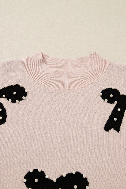 Smoke Gray Pearl Embellished Bow Pattern Loose Sweater
