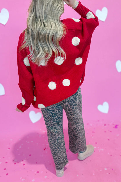 Beige Polka Dot Button Front Oversized V Neck Cardigan