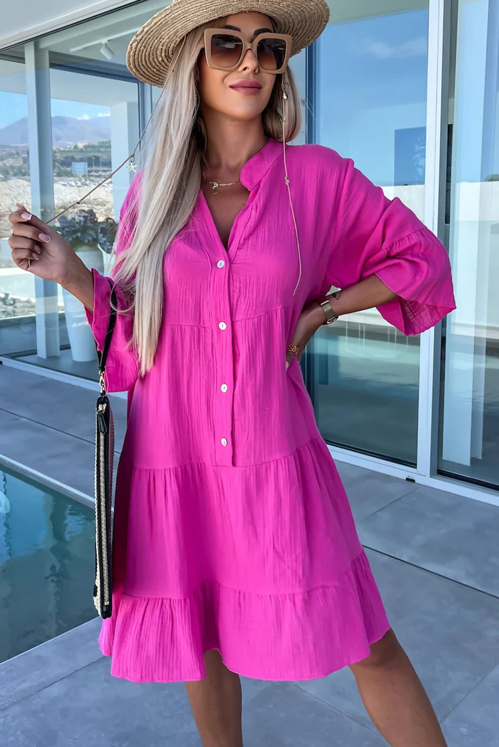 Rose Crinkled Tiered Split Neck Shirt Dress - Cowaa