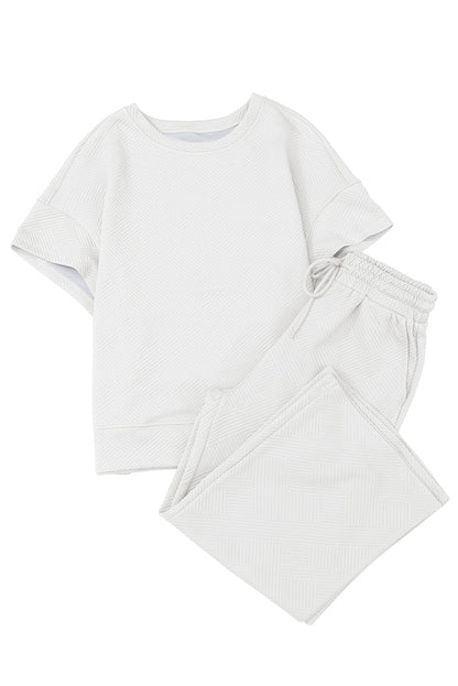 Navy Blue Textured Loose Fit T Shirt and Drawstring Pants Set - Cowaa