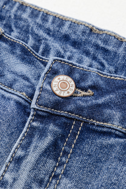 Dusk Blue High Rise Ripped Distressed Hem Flared Jeans - Cowaa
