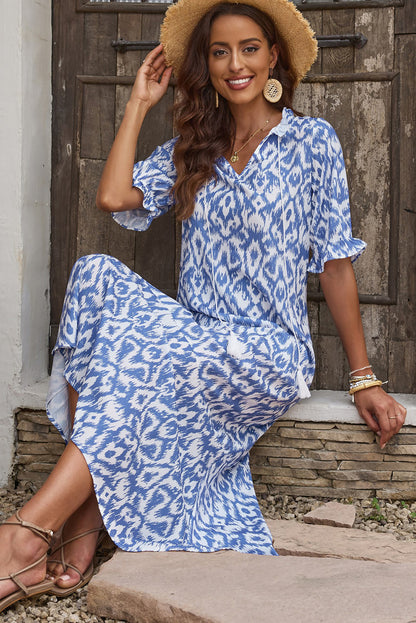 Sky Blue Geometric Print Casual V Neck Maxi Dress - Cowaa