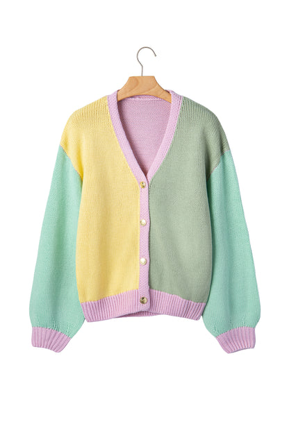 Yellow V Neck Drop Shoulder Patchwork Regular Wash Knitwear Cardigan