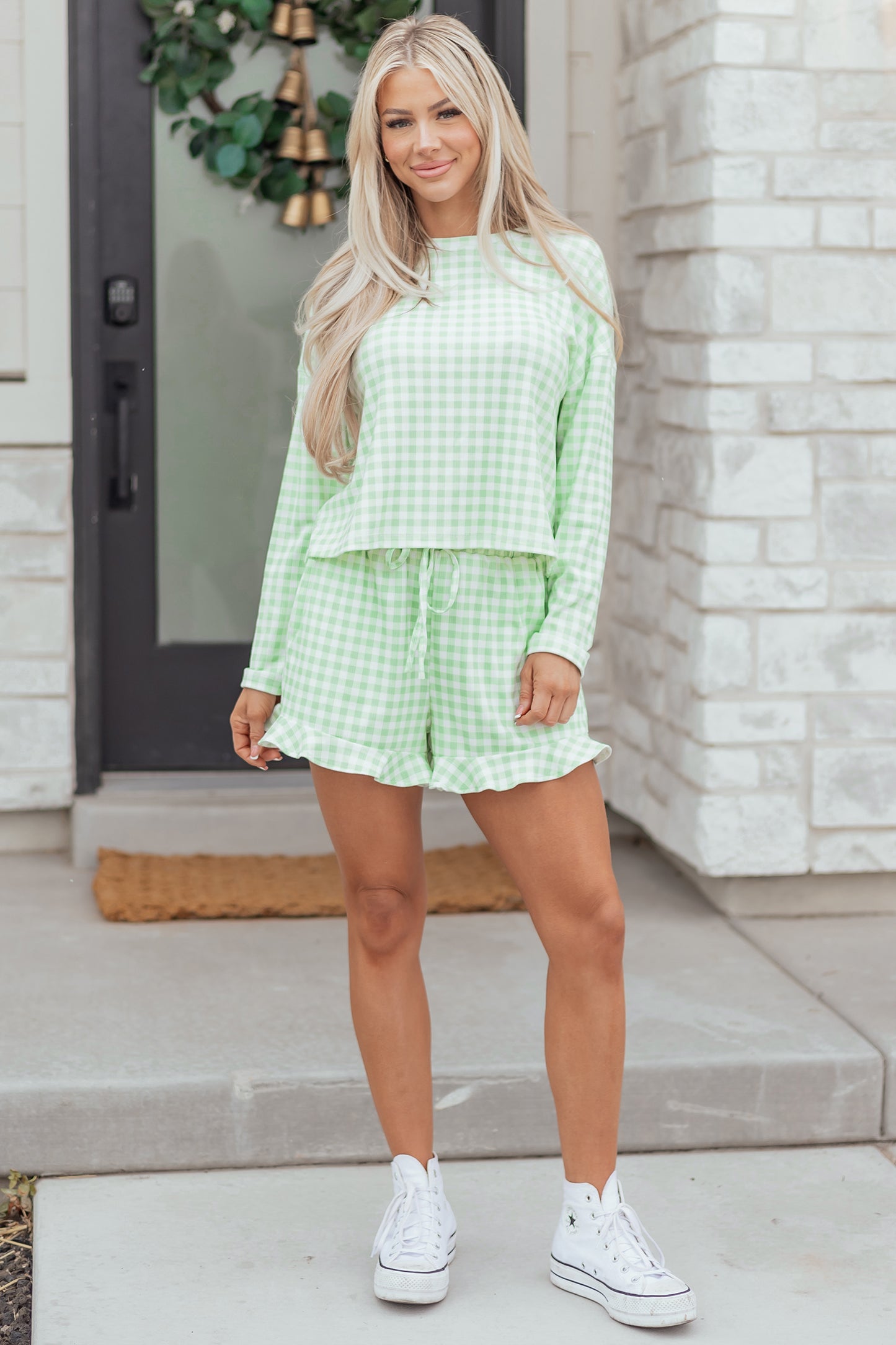 Green Gingham Long Sleeve Loose Top Drawstring Shorts 2pcs Lounge Set - Cowaa