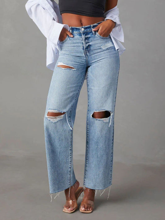 Distressed Straight Leg Jeans with Pockets - Cowaa