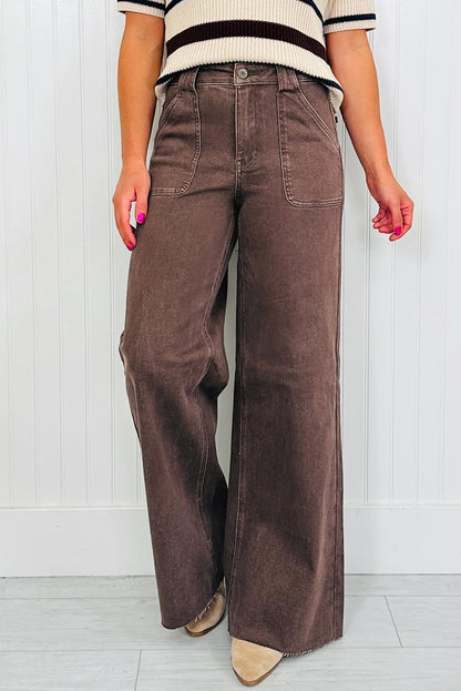 Dark Brown Retro Washed Patch Pocket Wide Leg Loose Jeans