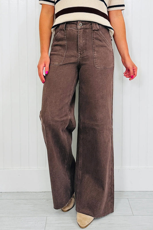 Dark Brown Retro Washed Patch Pocket Wide Leg Loose Jeans