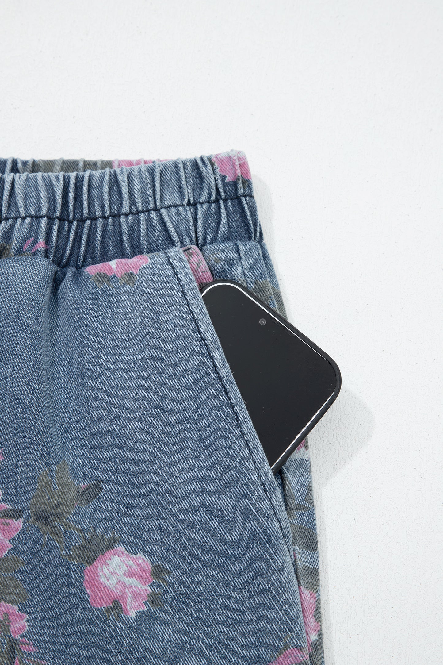 Beau Blue Floral Print Elastic Waist Pull On Casual Jeans - Cowaa