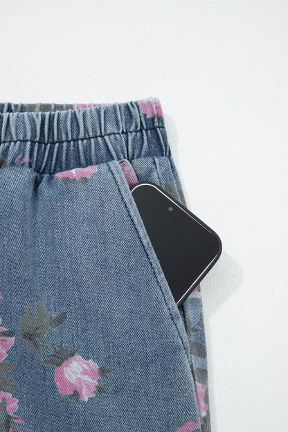 Beau Blue Floral Print Elastic Waist Pull On Casual Jeans - Cowaa