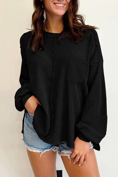 Crinkle Patchwork Long Sleeve Top - Cowaa