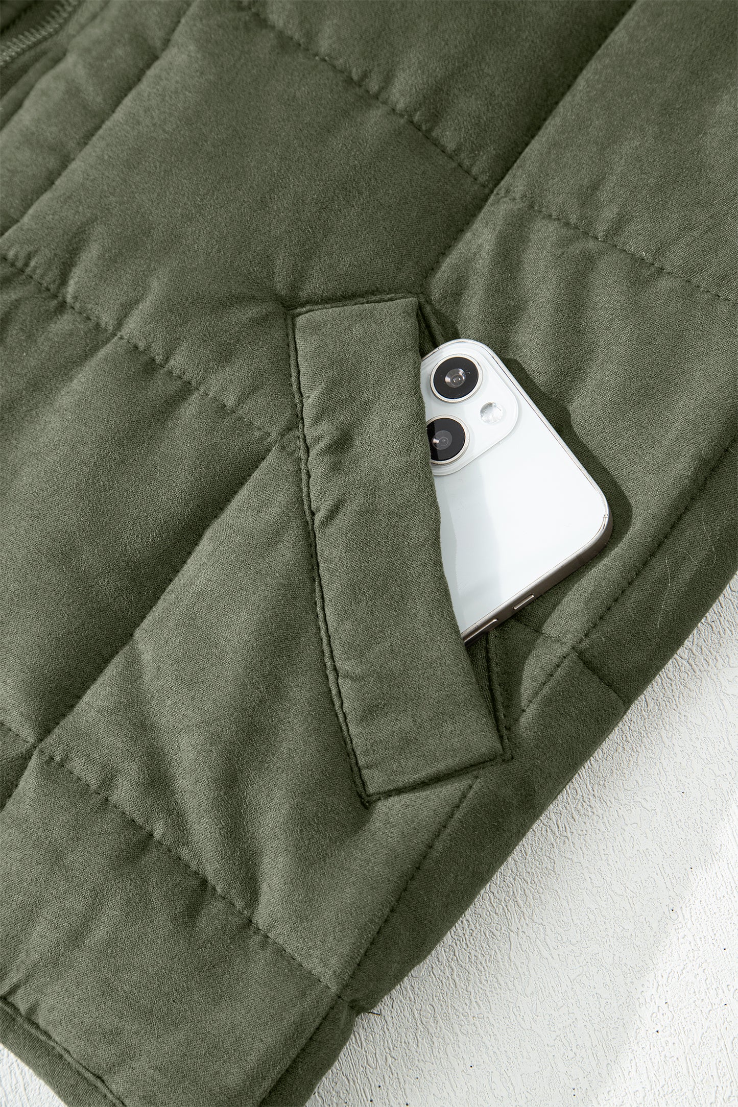 Green Zip-Up Pocket Quilted Jacket - Cowaa