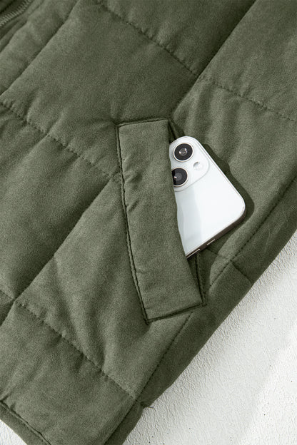 Green Zip-Up Pocket Quilted Jacket - Cowaa