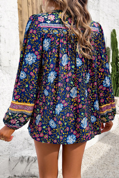 Blue Bohemian Floral Print Tassel Tie Front Long Sleeve Blouse - Cowaa