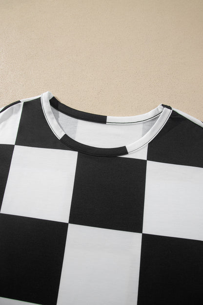 Black Checkerboard Plaid Long Sleeve Solid Color Shorts 2pcs Set
