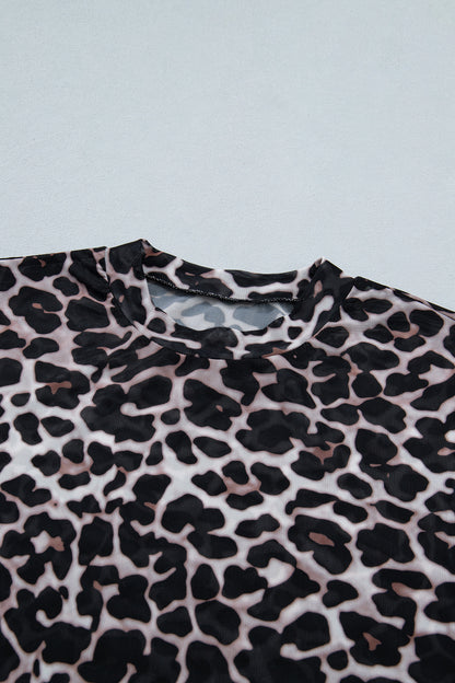 Khaki Leopard Print Sheer Mesh Short Sleeve Top