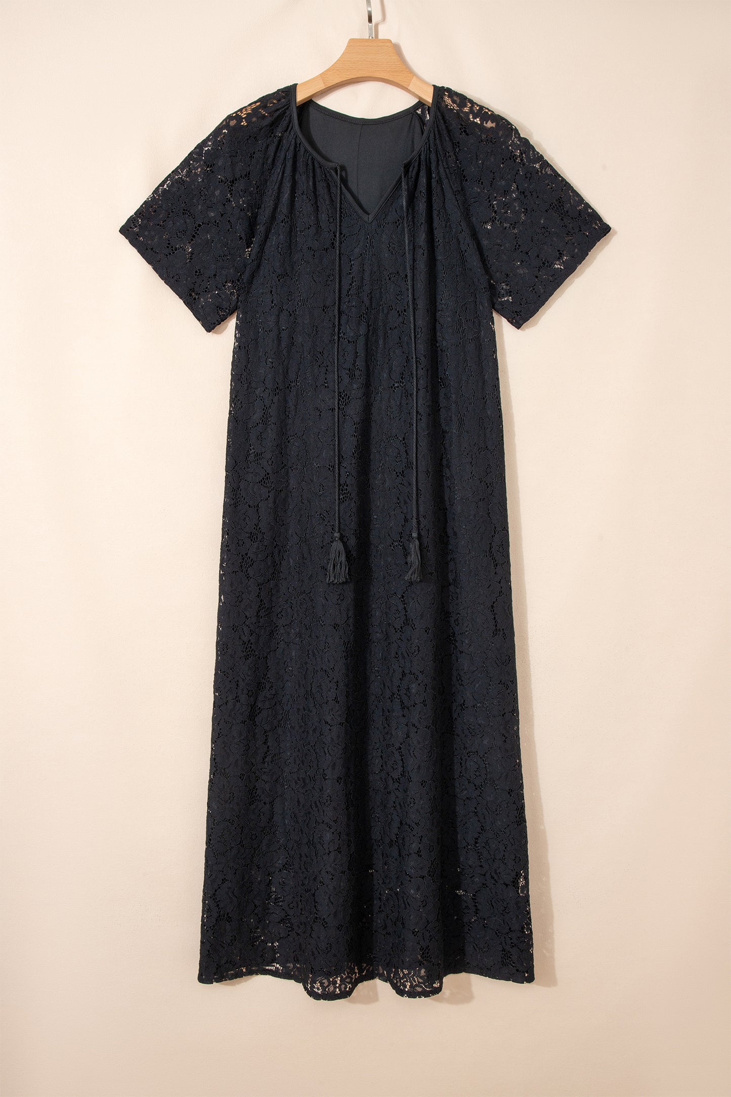 Black Floral Lace Overlay Tassel Tie Short Sleeve Beach Vacation Loose Maxi Dress - Cowaa