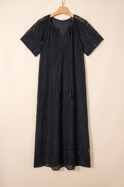 Black Floral Lace Overlay Tassel Tie Short Sleeve Beach Vacation Loose Maxi Dress - Cowaa