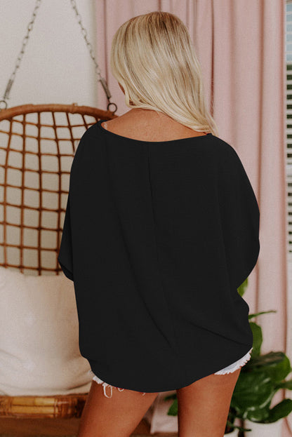 Apricot Solid Casual Smocked Cuffs Batwing Sleeve Blouse - Cowaa
