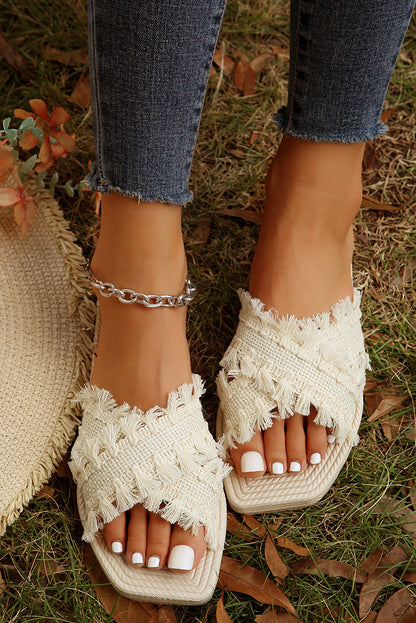Beige Tassel Woven Crossed Straps Flat Sandels - Cowaa