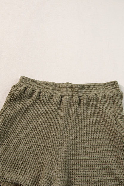 Beige Fringe Trim Waffle Knit Textured Shorts Set - Cowaa