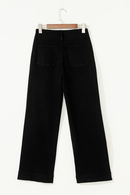 Black 2-Button High Waist Flared Bottom Jeans - Cowaa