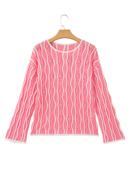 Khaki Wavy Detail Hollow Out Knit Long Sleeve Cotton Pullover Sweater