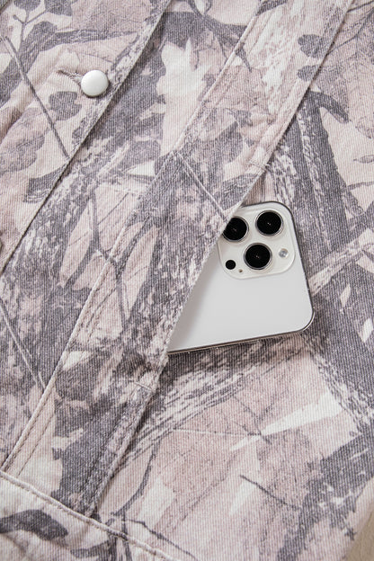 Gray Abstract Camo Print Colorblock Collar Oversized Shift Silhouette Denim Jacket
