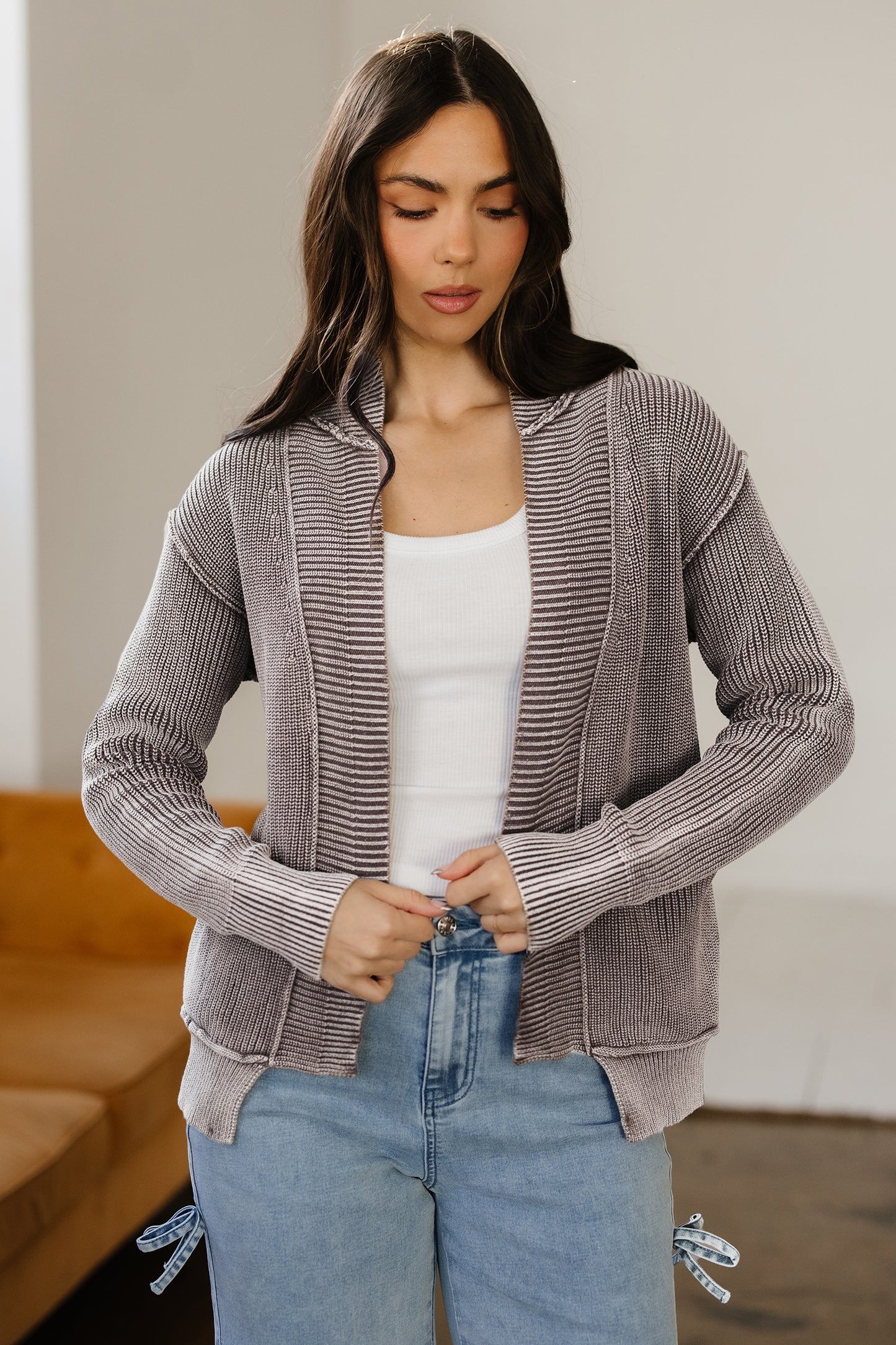 Dark Brown Mineral Wash Exposed Seam Patchwork Knit Open Sweater Cardigan - Cowaa