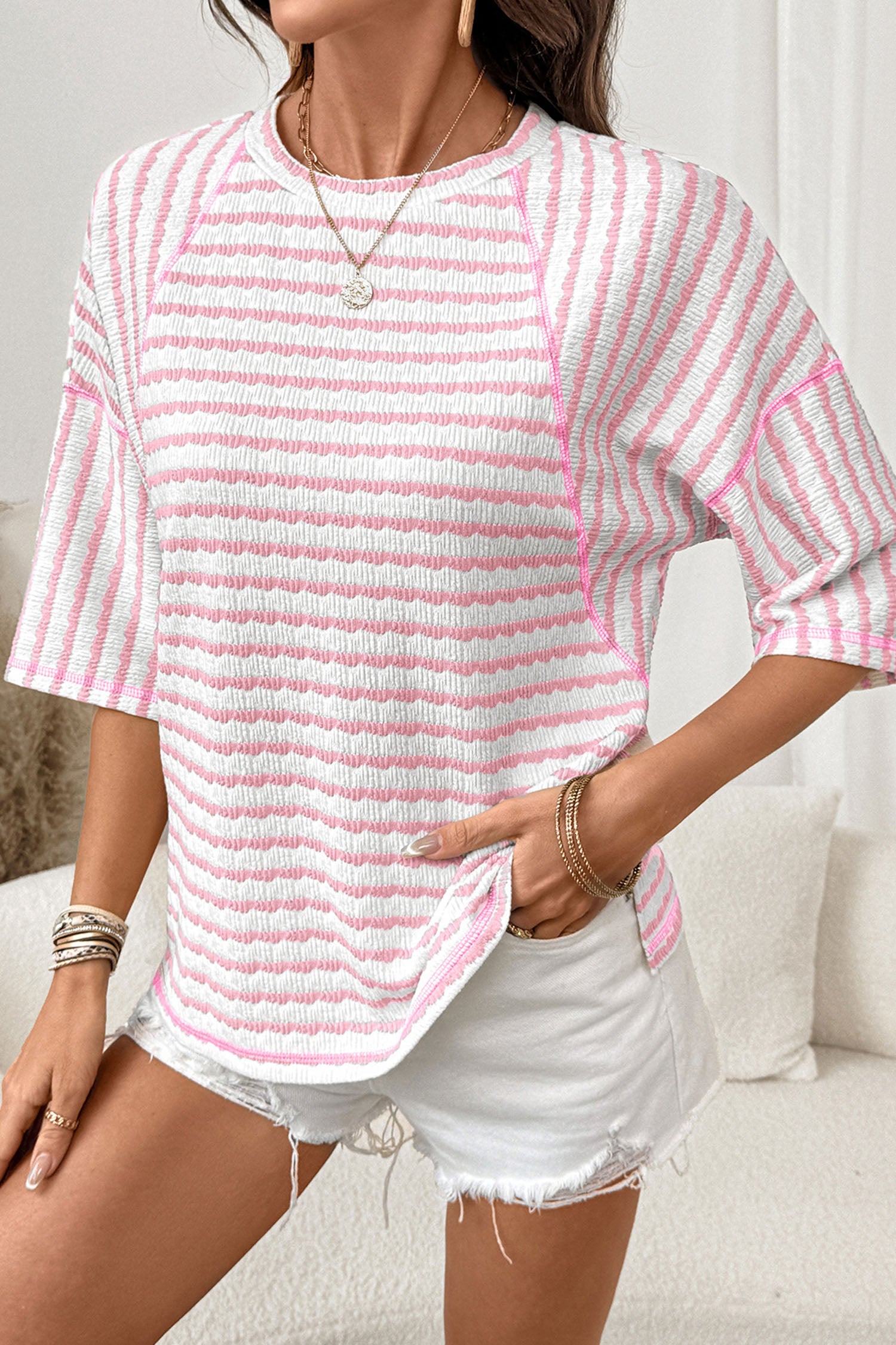 Pink Stripe Textured Knit Split Hem Half Sleeve Loose Top - Cowaa
