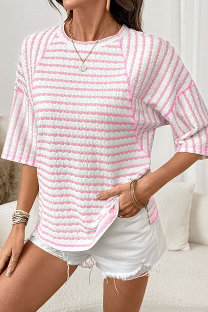Pink Stripe Textured Knit Split Hem Half Sleeve Loose Top - Cowaa