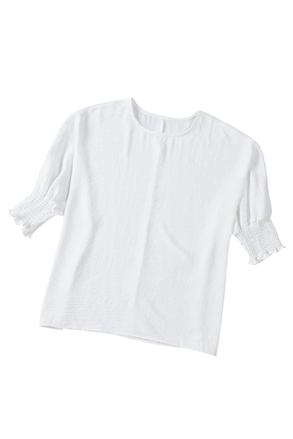 Apricot Solid Casual Smocked Cuffs Batwing Sleeve Blouse - Cowaa