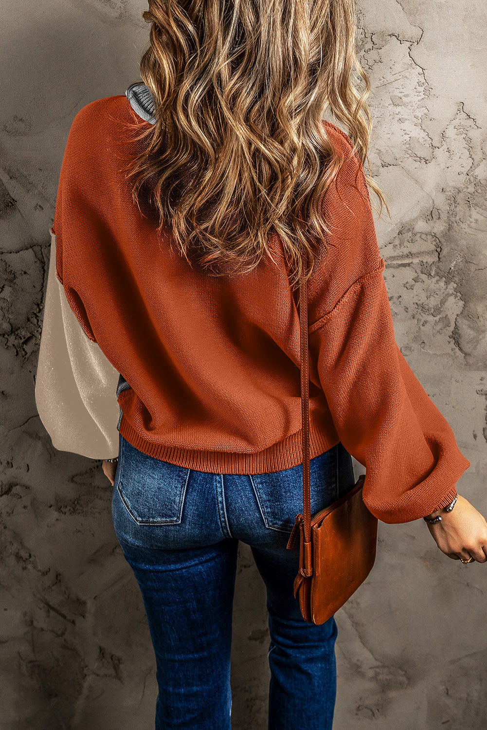 Bishop Sleeve Exposed Seam Ribbed Trim Sweater - Cowaa