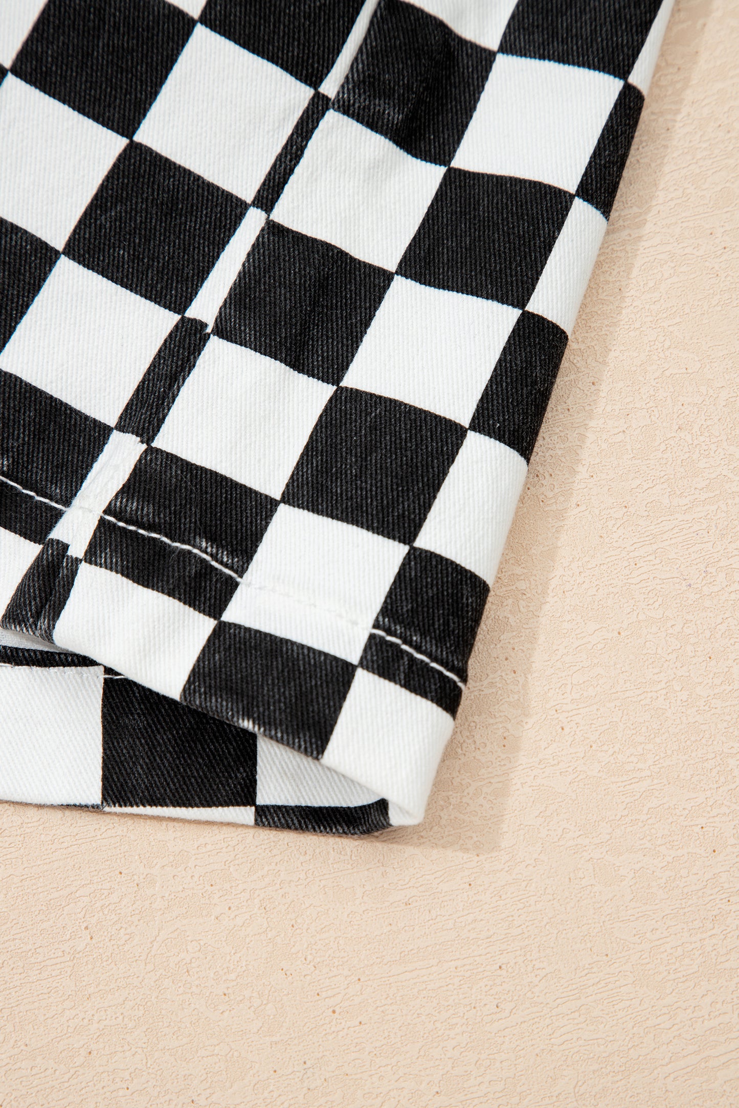 Black Checkered Print Overlap Denim Shorts - Cowaa