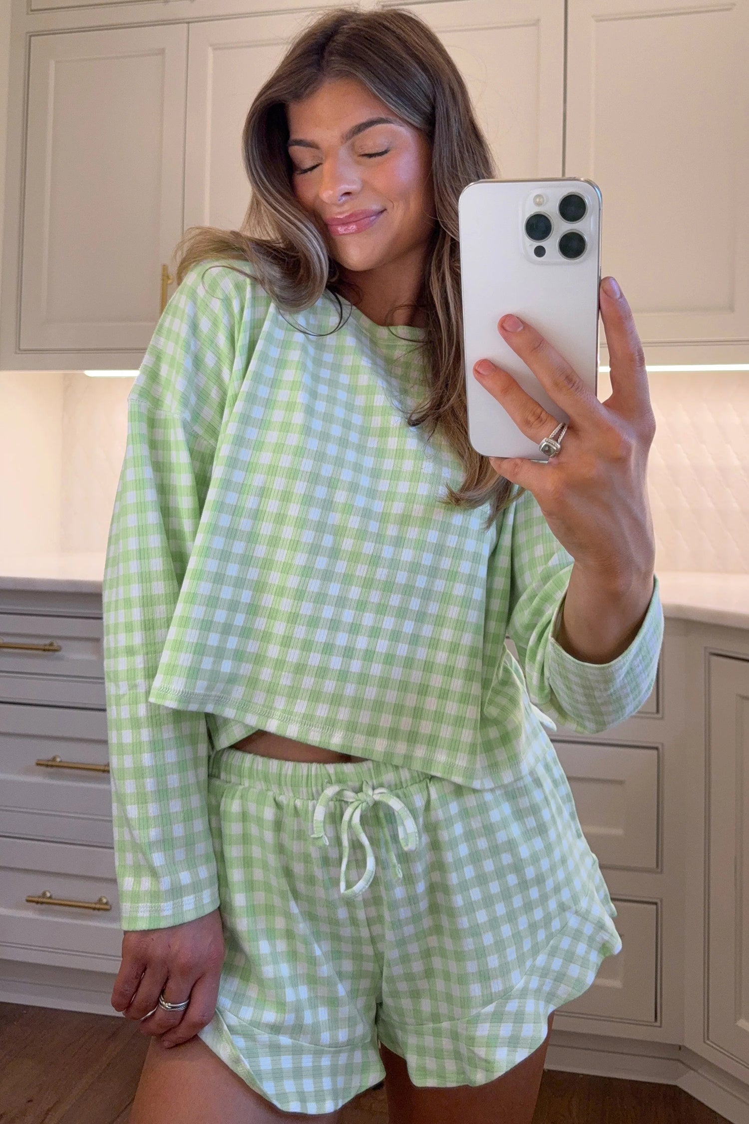 Green Gingham Long Sleeve Loose Top Drawstring Shorts 2pcs Lounge Set - Cowaa