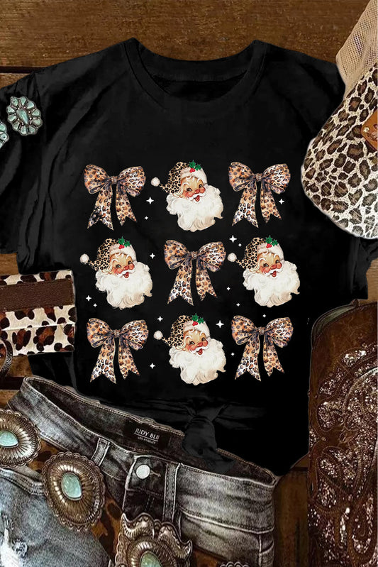 Black Santa Claus Leopard Bow Heat Transfer Printing Crew Neck Casual T Shirt - Cowaa