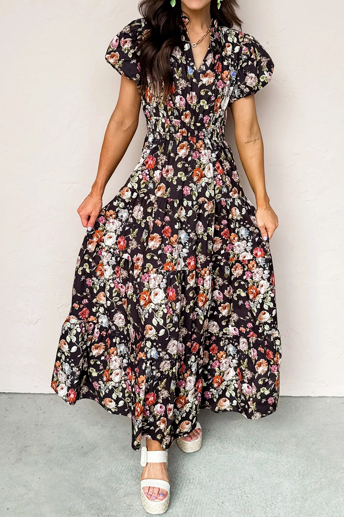 Black Floral Print V Neck Pleated Tiered Maxi Dress - Cowaa