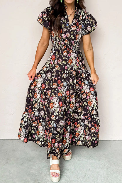 Black Floral Print V Neck Pleated Tiered Maxi Dress - Cowaa