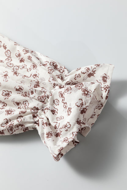 White Bow Tie Front Floral Print Flounce Sleeve Peplum Blouse